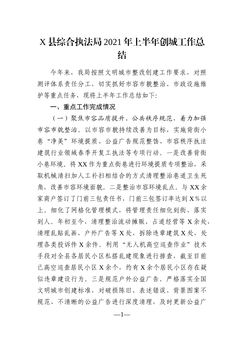 局机关：X县综合执法局2021年上半年创城工作总结_第1页