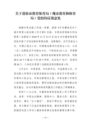 纪委监委：关于巡察市教育体育局（现市教育和体育局）党组的反馈意见