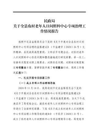 关于全县农村老年人日间照料中心专项治理工作情况报告