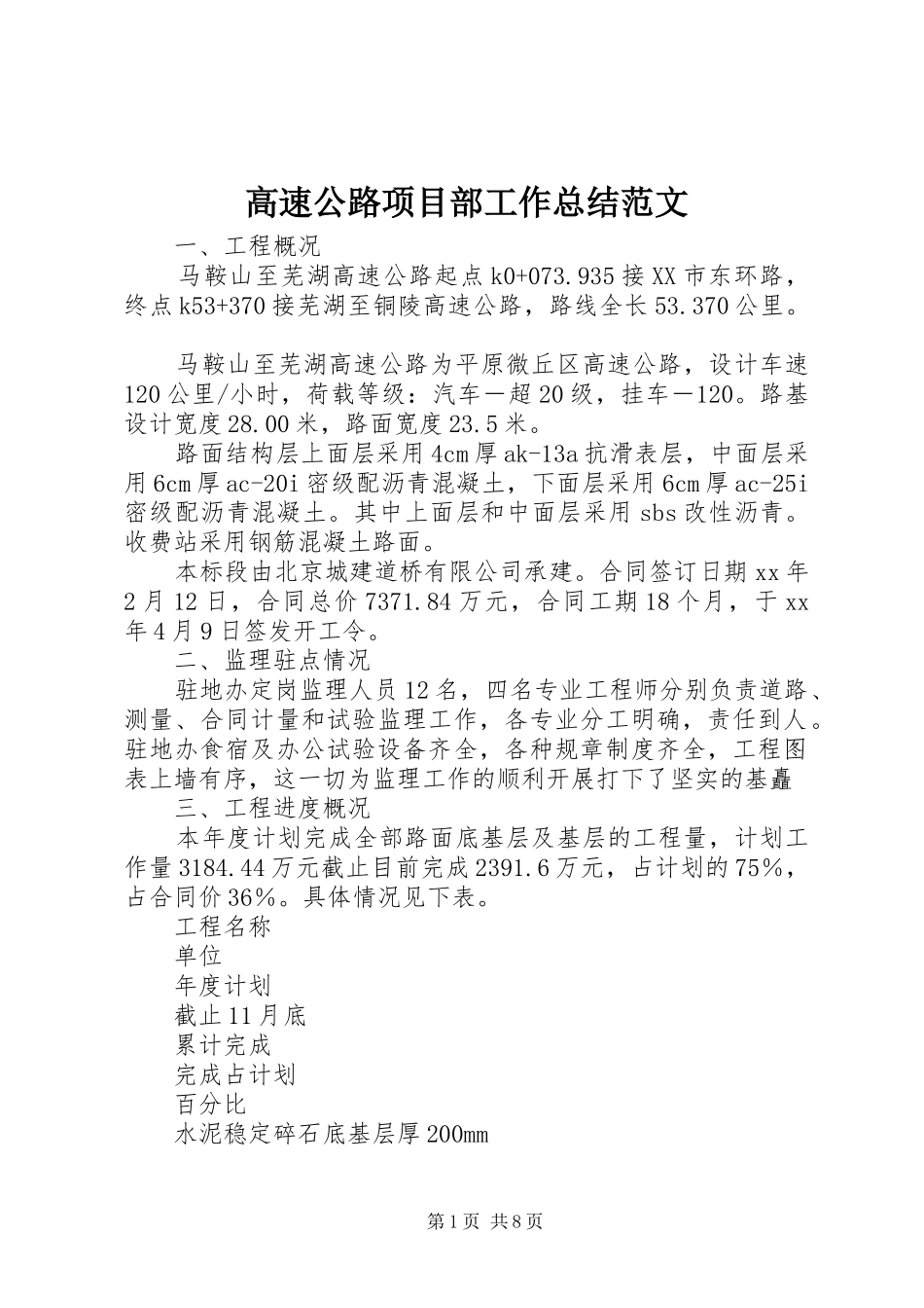 2024年高速公路项目部工作总结范文_第1页