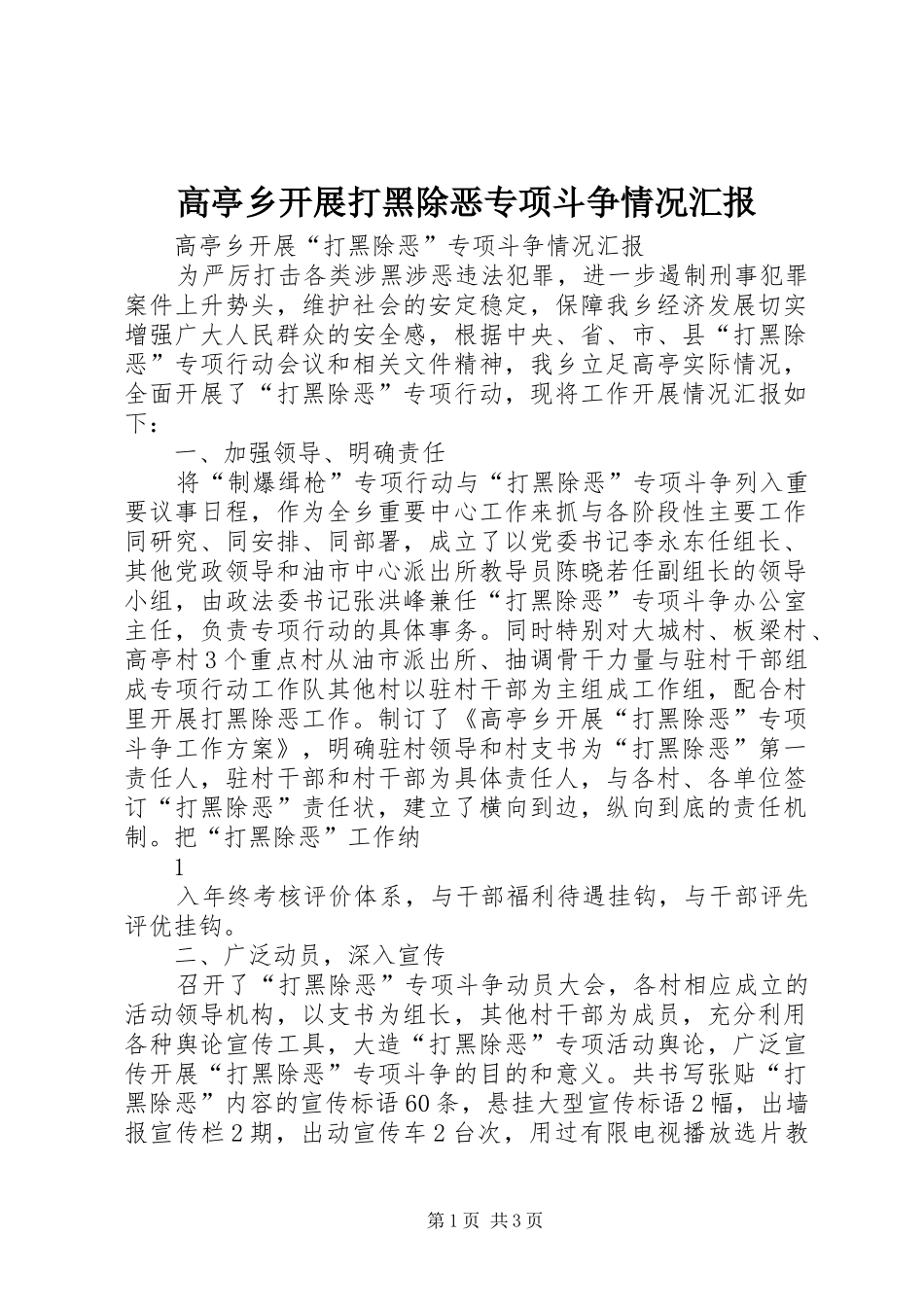 2024年高亭乡开展打黑除恶专项斗争情况汇报_第1页