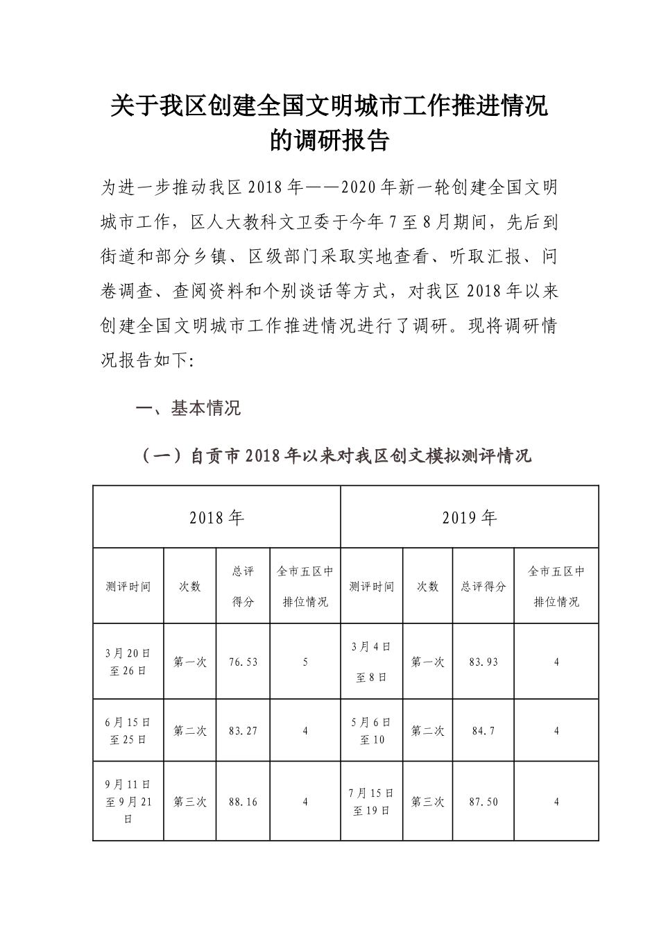 关于我区创建全国文明城市工作推进情况的调研报告_第1页