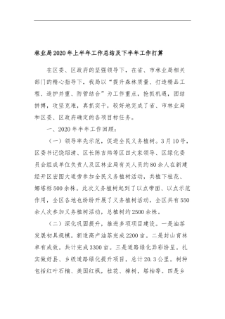 林业局2020年上半年工作总结及下半年工作打算
