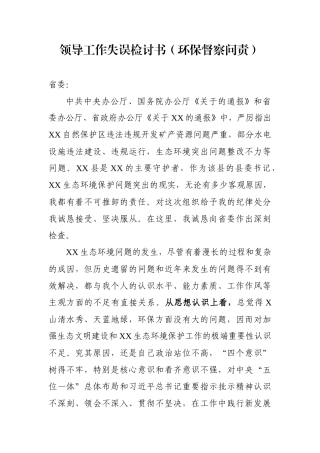 领导工作失误检讨书环保督察问责