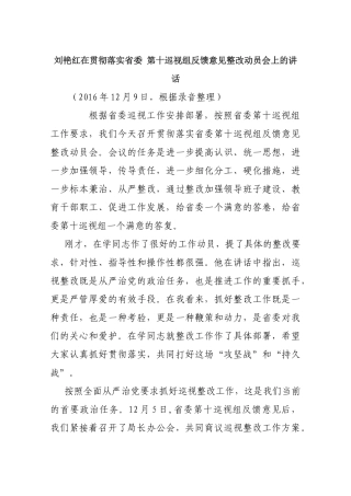 刘艳红在贯彻落实省委第十巡视组反馈意见整改动员会上的讲话