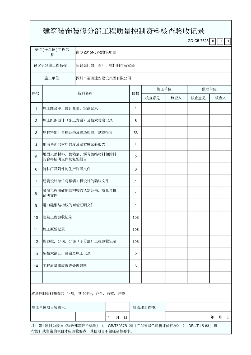建筑装饰装修分部工程质量控制资料核查验收记录_第1页