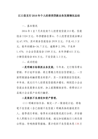 江口县支行2016年个人经营类贷款业务发展情况总结
