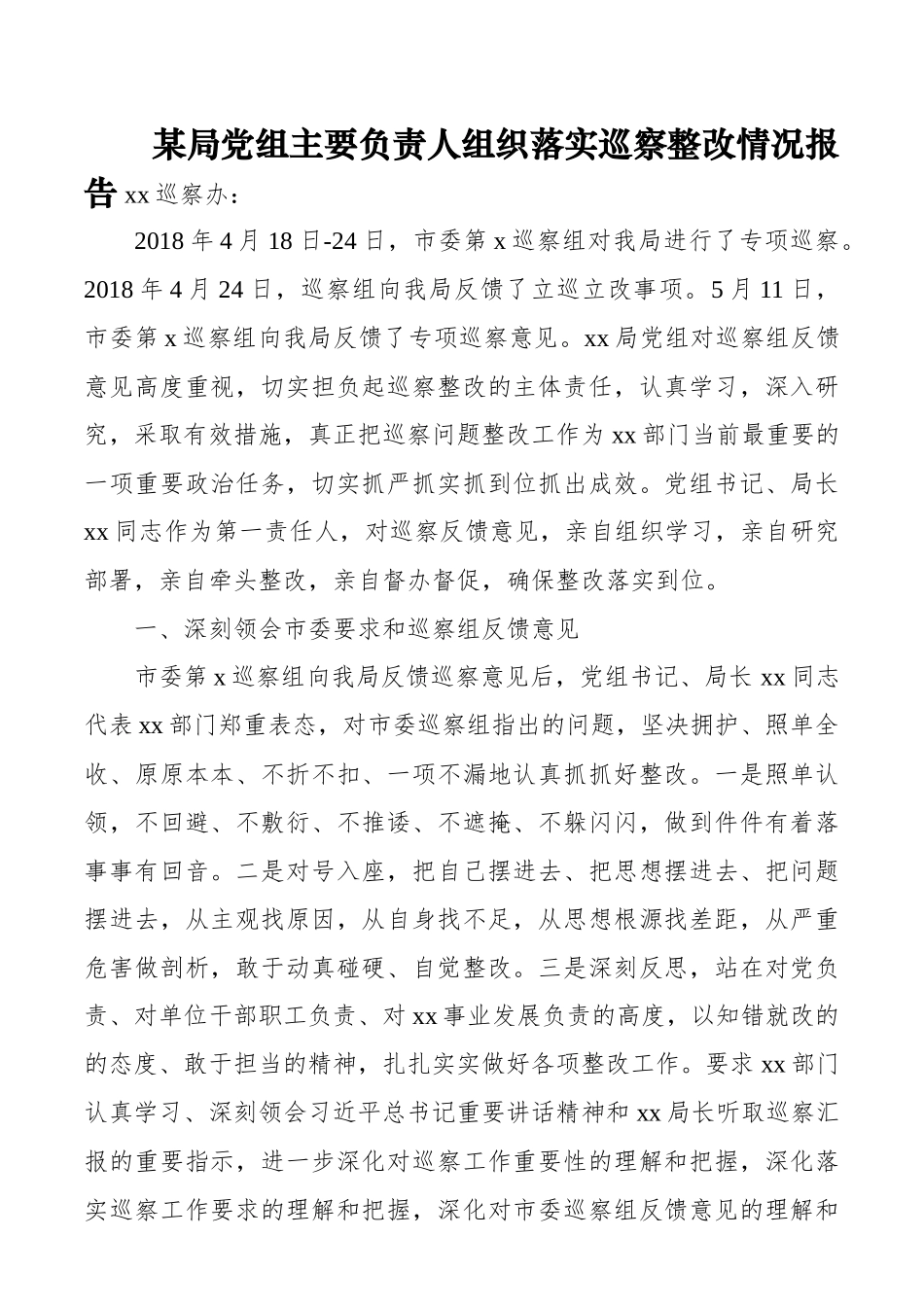 某局党组主要负责人组织落实巡察整改情况报告_第1页