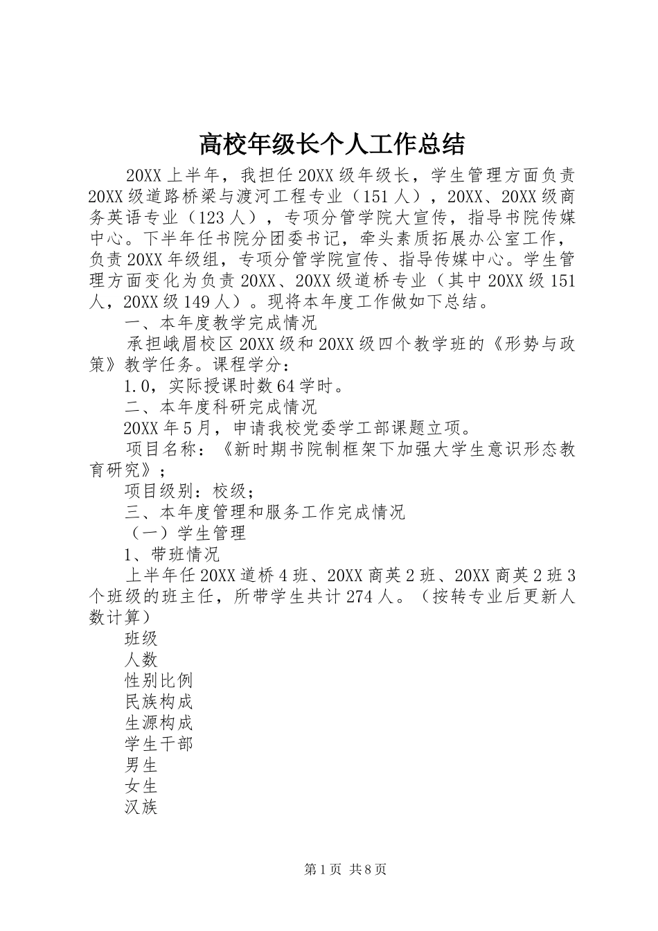 2024年高校年级长个人工作总结_第1页
