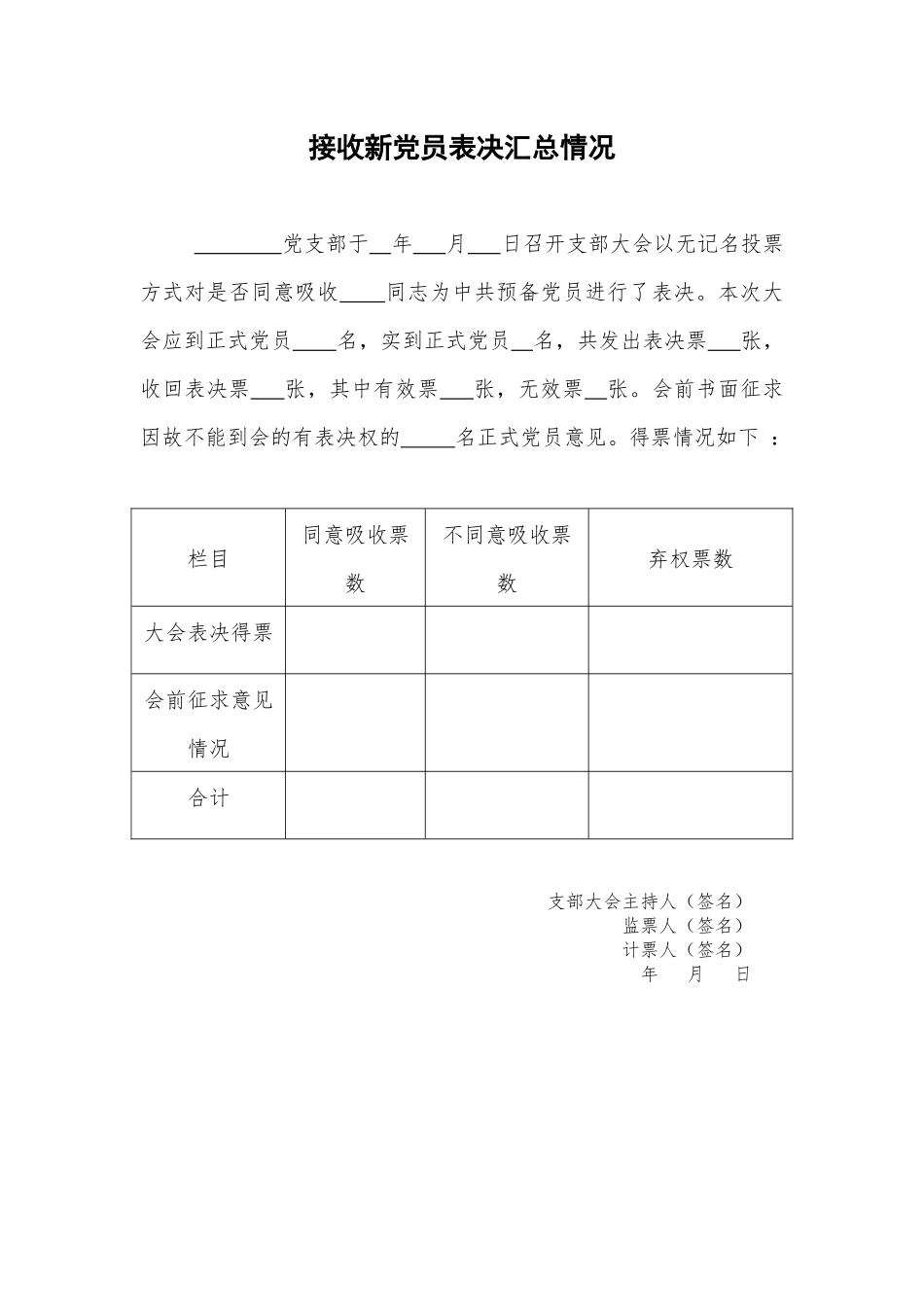 接收新党员表决汇总情况参考样式1_党支部填写_第1页