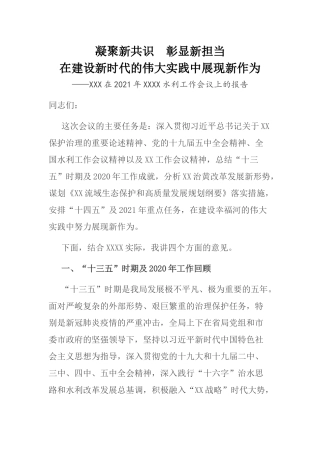 凝聚新共识 彰显新担当 在建设新时代的伟大实践中展现新作为 ——在2021年水利工作会议上的报告