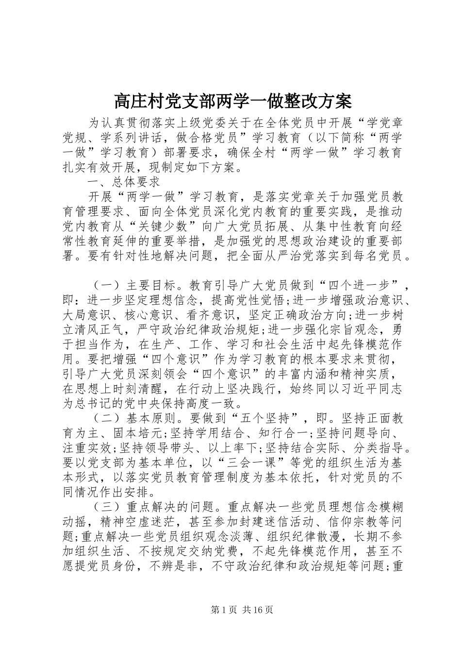2024年高庄村党支部两学一做整改方案_第1页