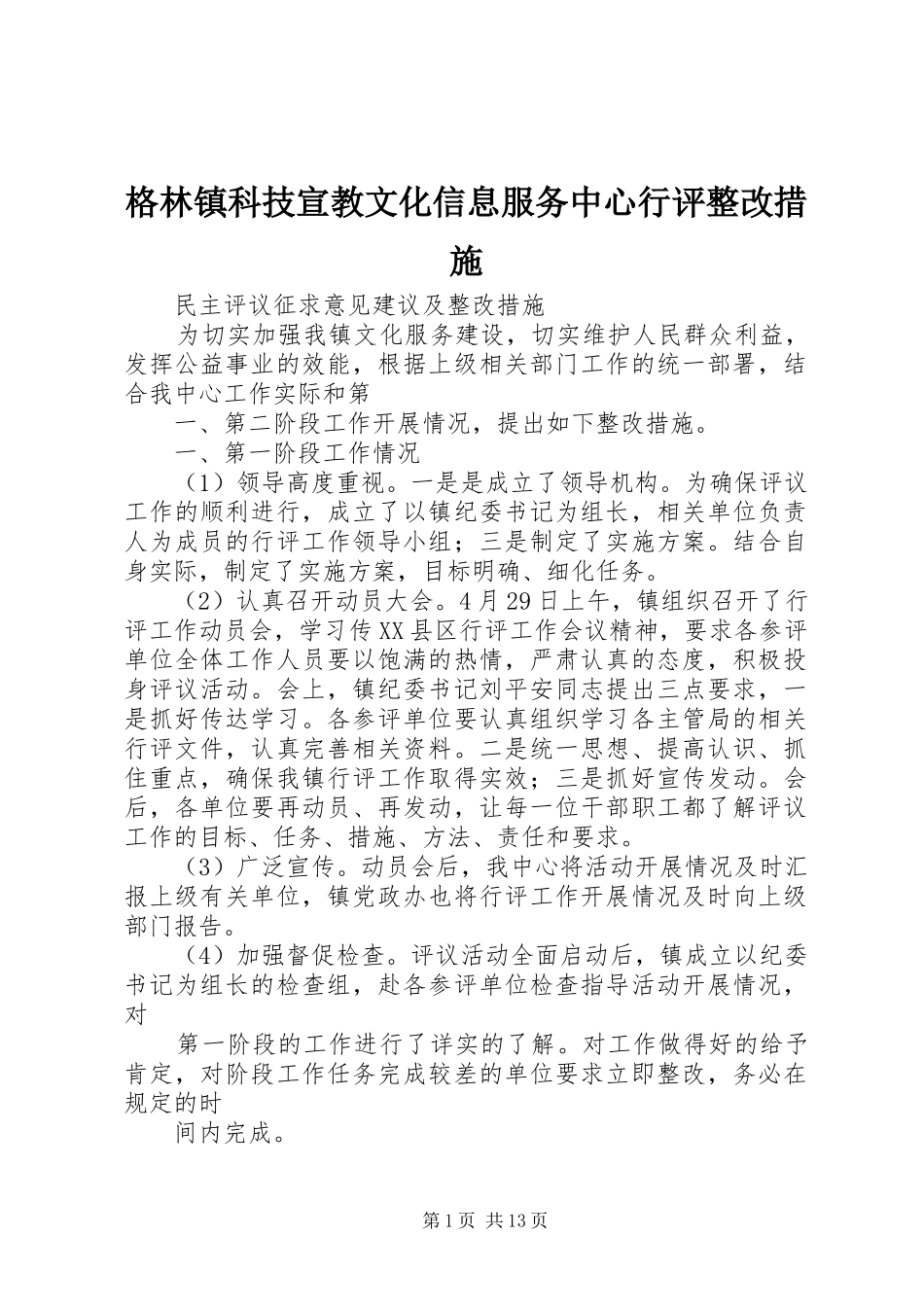 2024年格林镇科技宣教文化信息服务中心行评整改措施_第1页