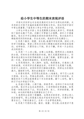 2024年给小学生中等生的期末表现评语