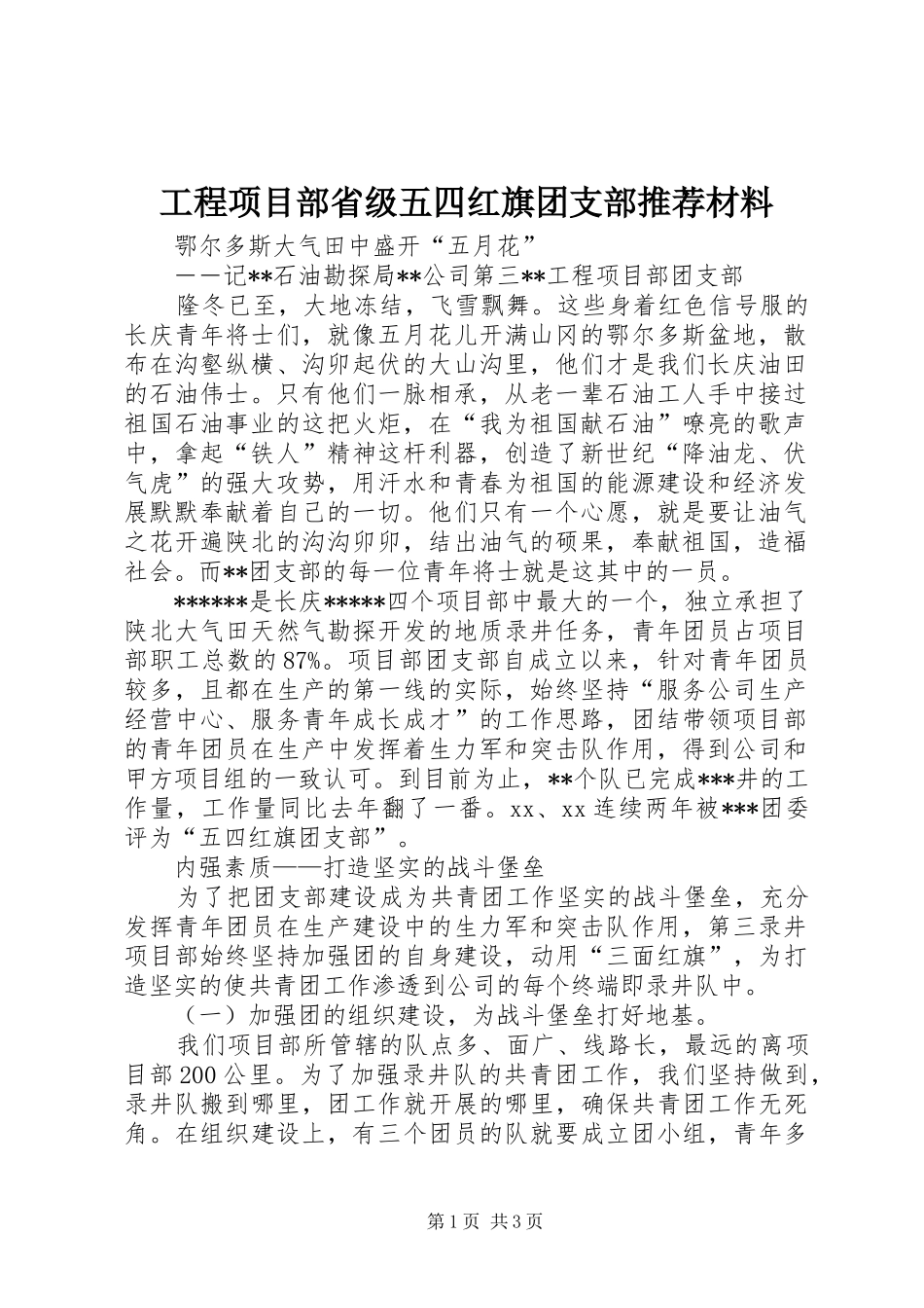 2024年工程项目部省级五四红旗团支部推荐材料_第1页