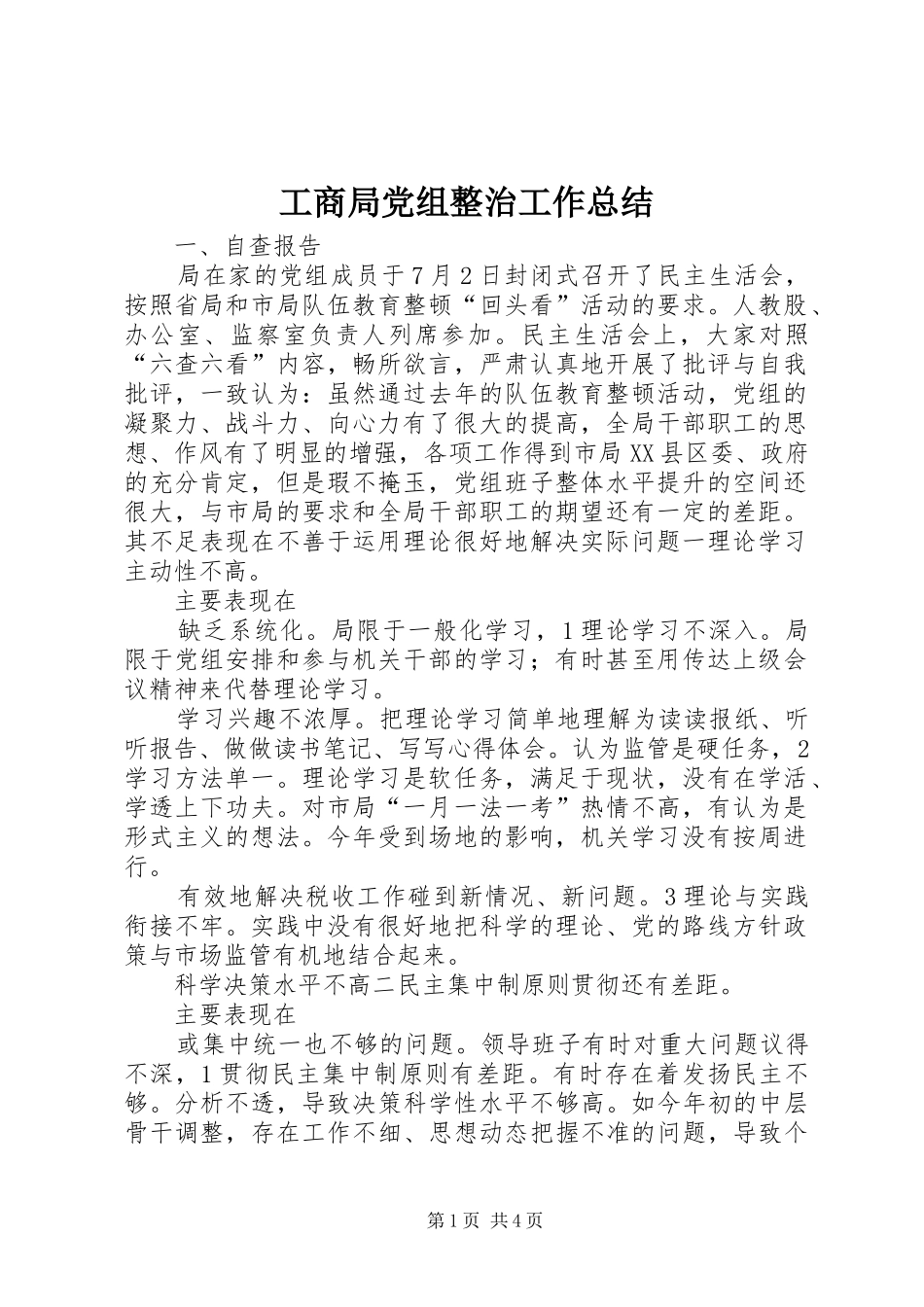 2024年工商局党组整治工作总结_第1页