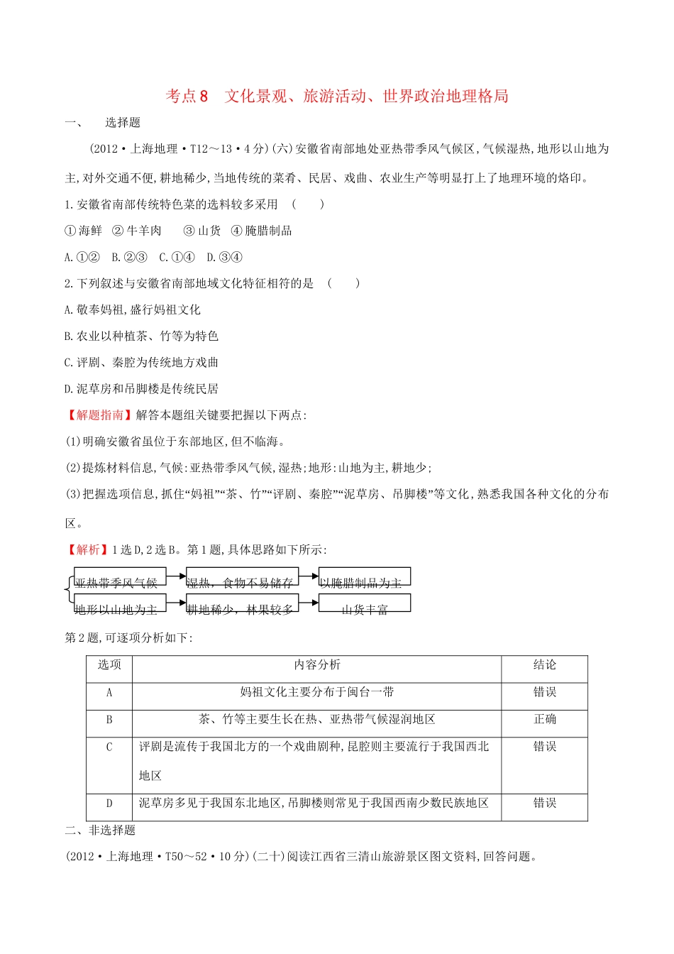 高考地理总复习 考点8 文化景观、旅游活动、世界政治地理格局（含2012高考真题）_第1页