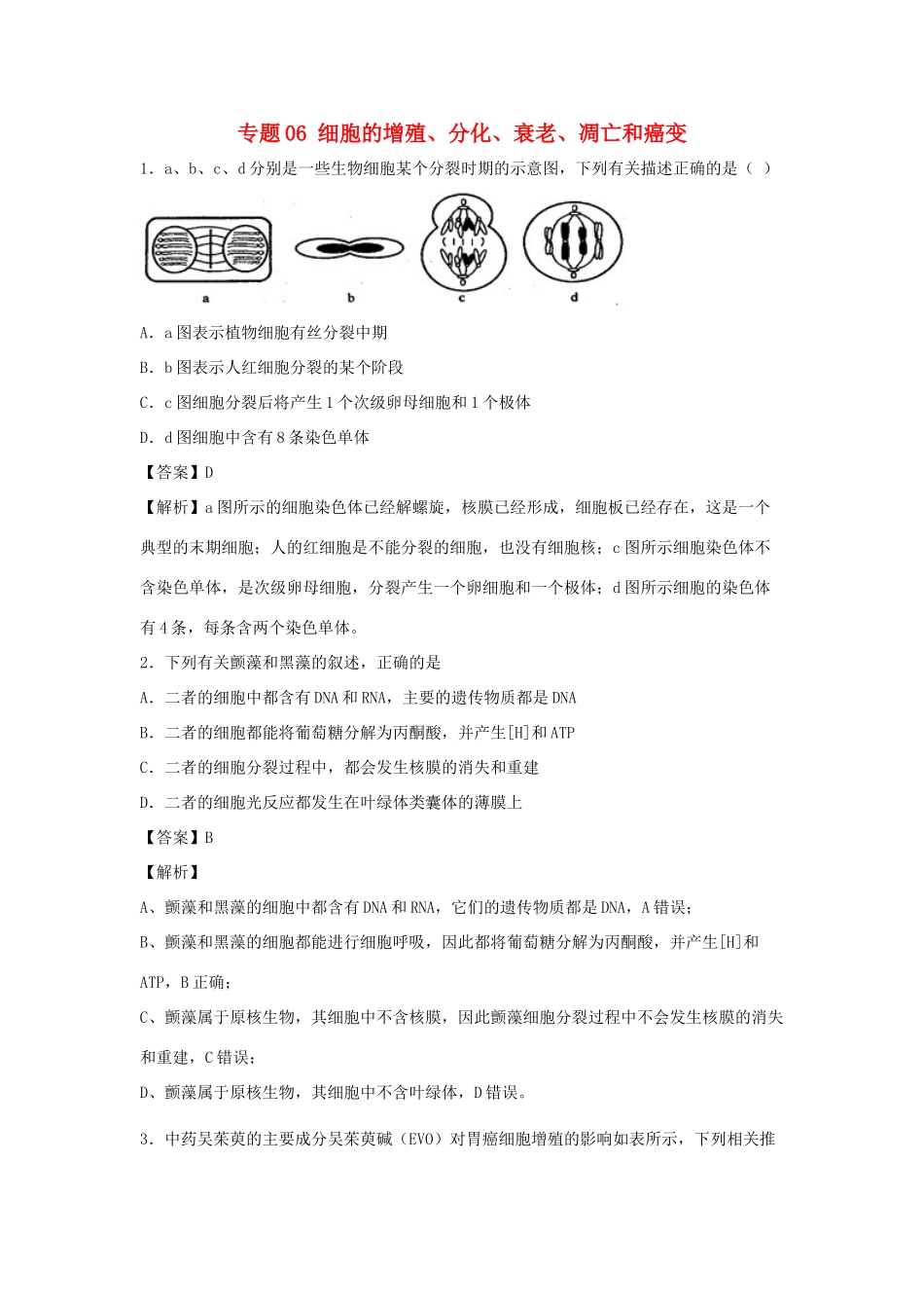 （全国卷）高考生物精选考点突破 专题06 细胞的增殖、分化、衰老、凋亡和癌变（含解析）-人教版高三全册生物试题_第1页