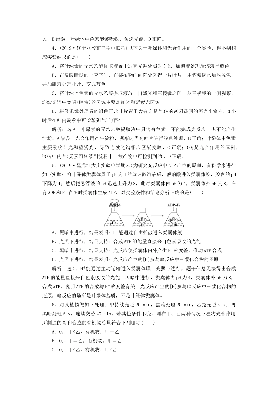 高考生物新探究大一轮复习 第10讲 光合作用的探究历程与基本过程检测（含解析）-人教版高三全册生物试题_第2页