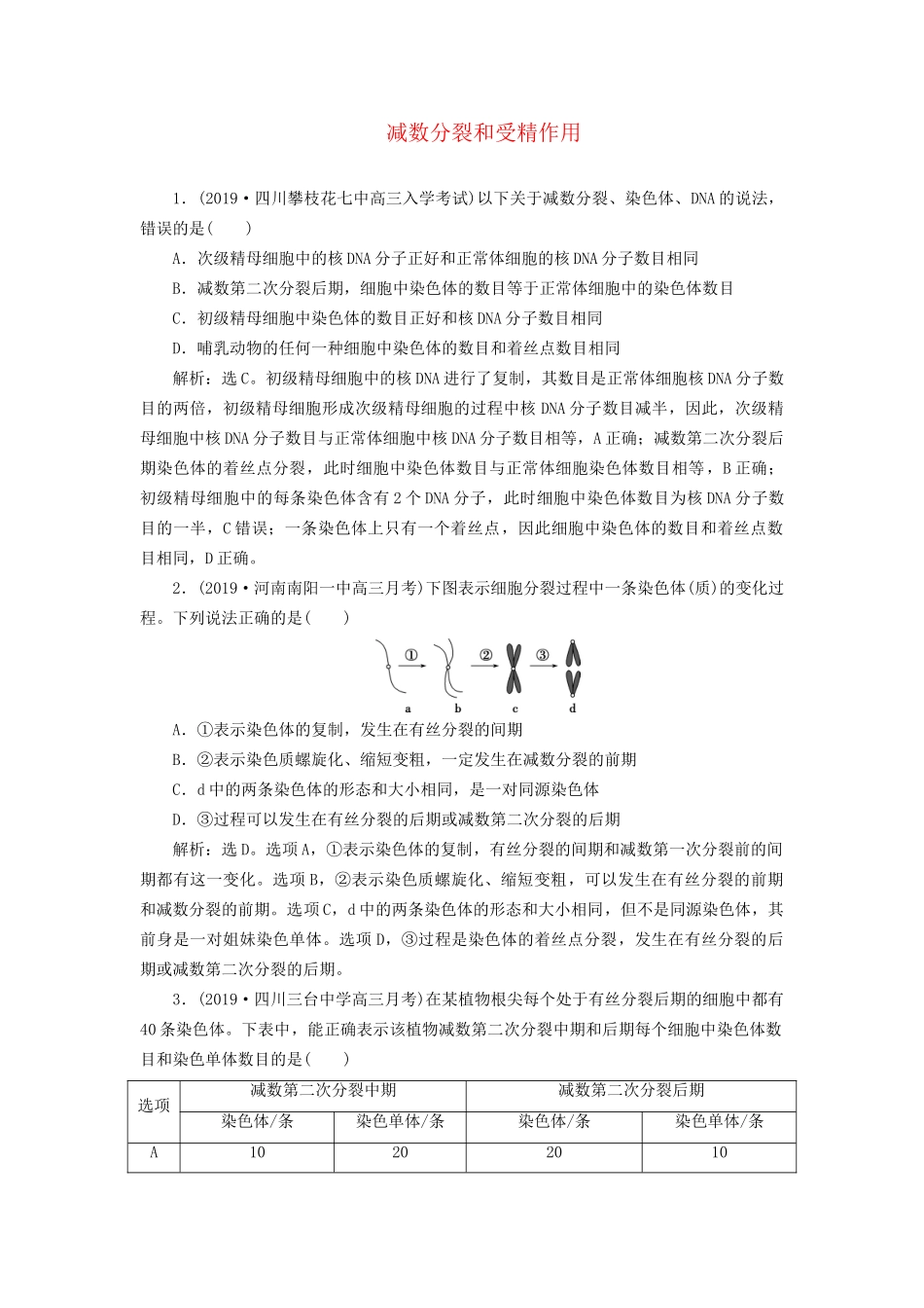 高考生物新探究大一轮复习 第13讲 减数分裂和受精作用检测（含解析）-人教版高三全册生物试题_第1页