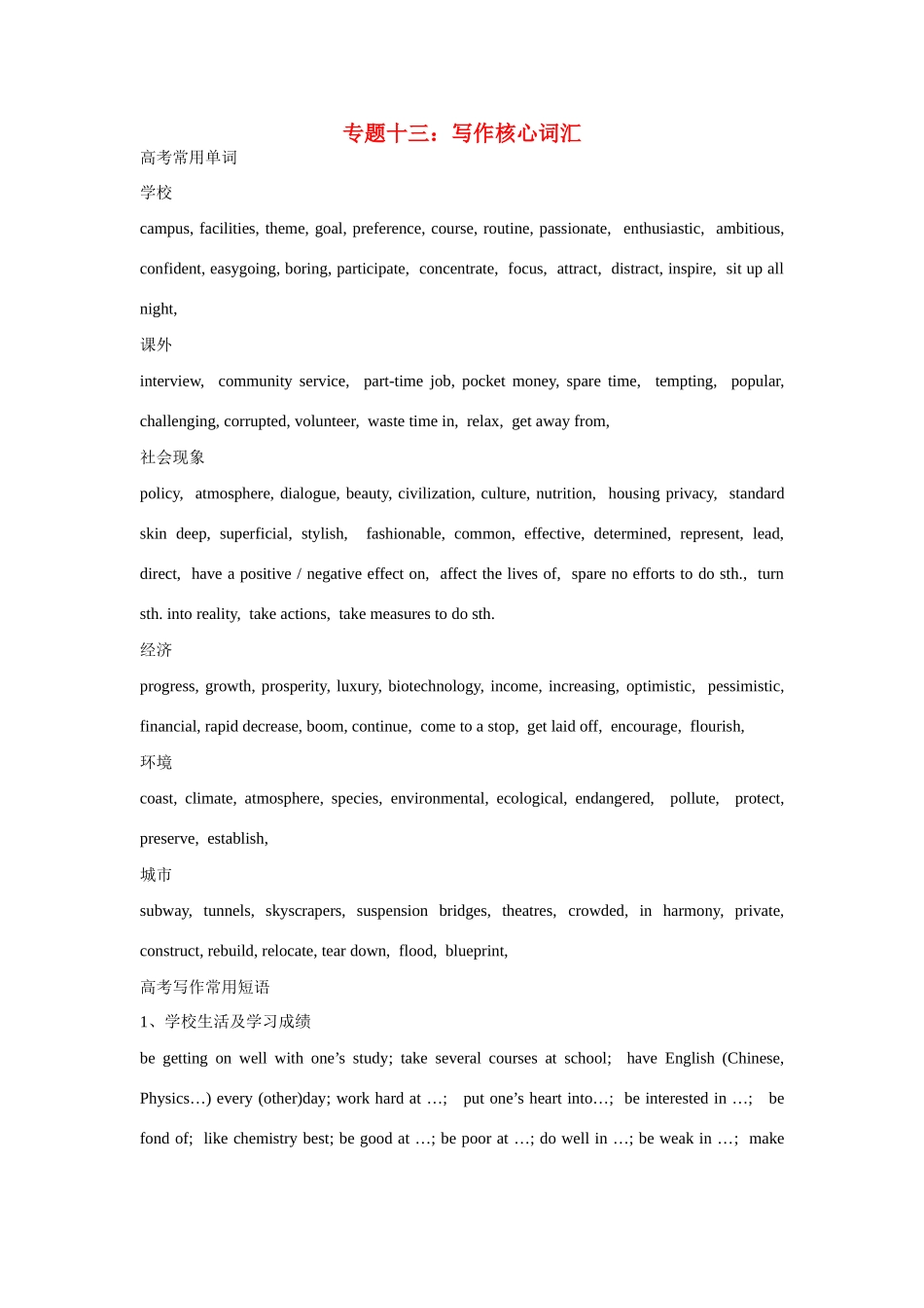 高考英语热点专题复习 第四部分 写作专题十三 写作核心词汇试题_第1页