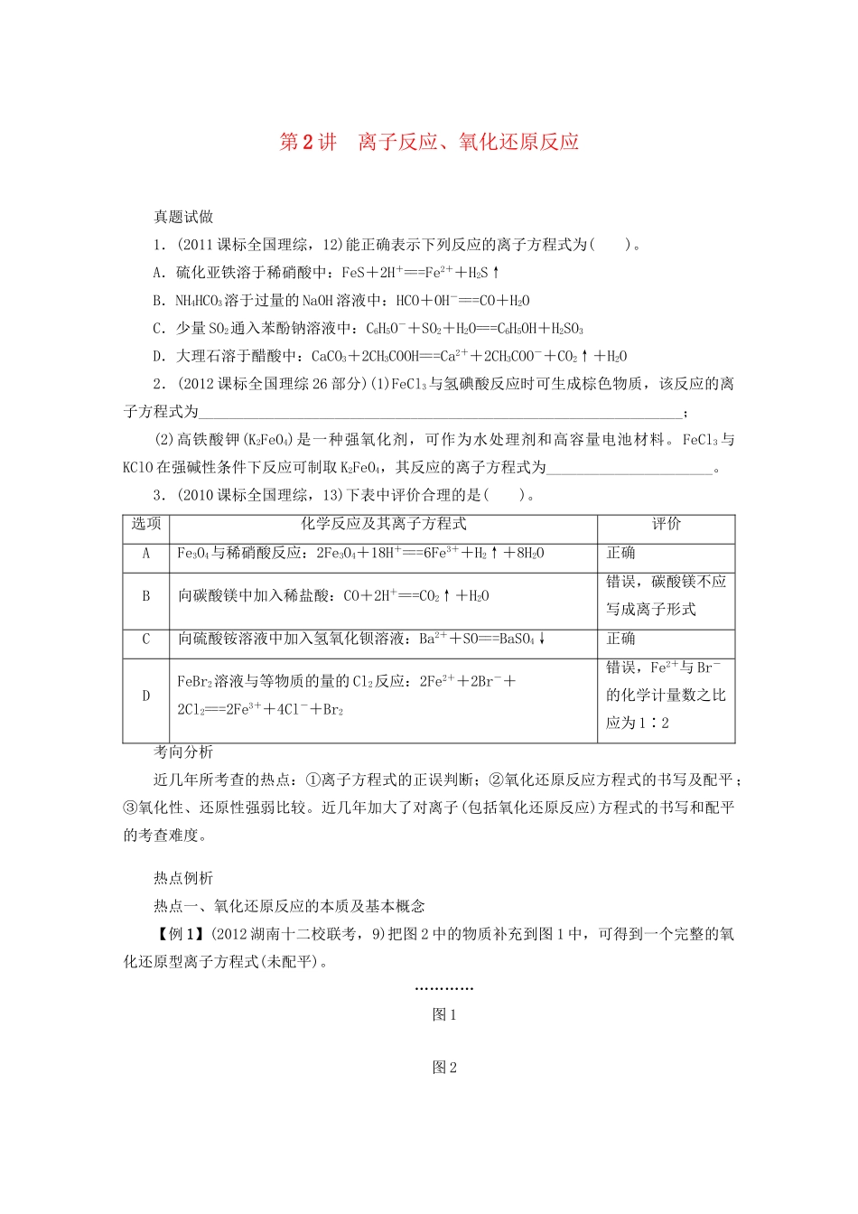 高考化学二轮复习 专题一化学基本概念2讲 离子反应、氧化还原反应 新人教版_第1页