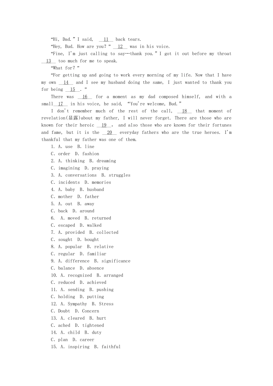 高考英语第二轮查漏补缺 （基础+提升）专题集训二十四 夹叙夹议型完形填空（含解析）_第3页