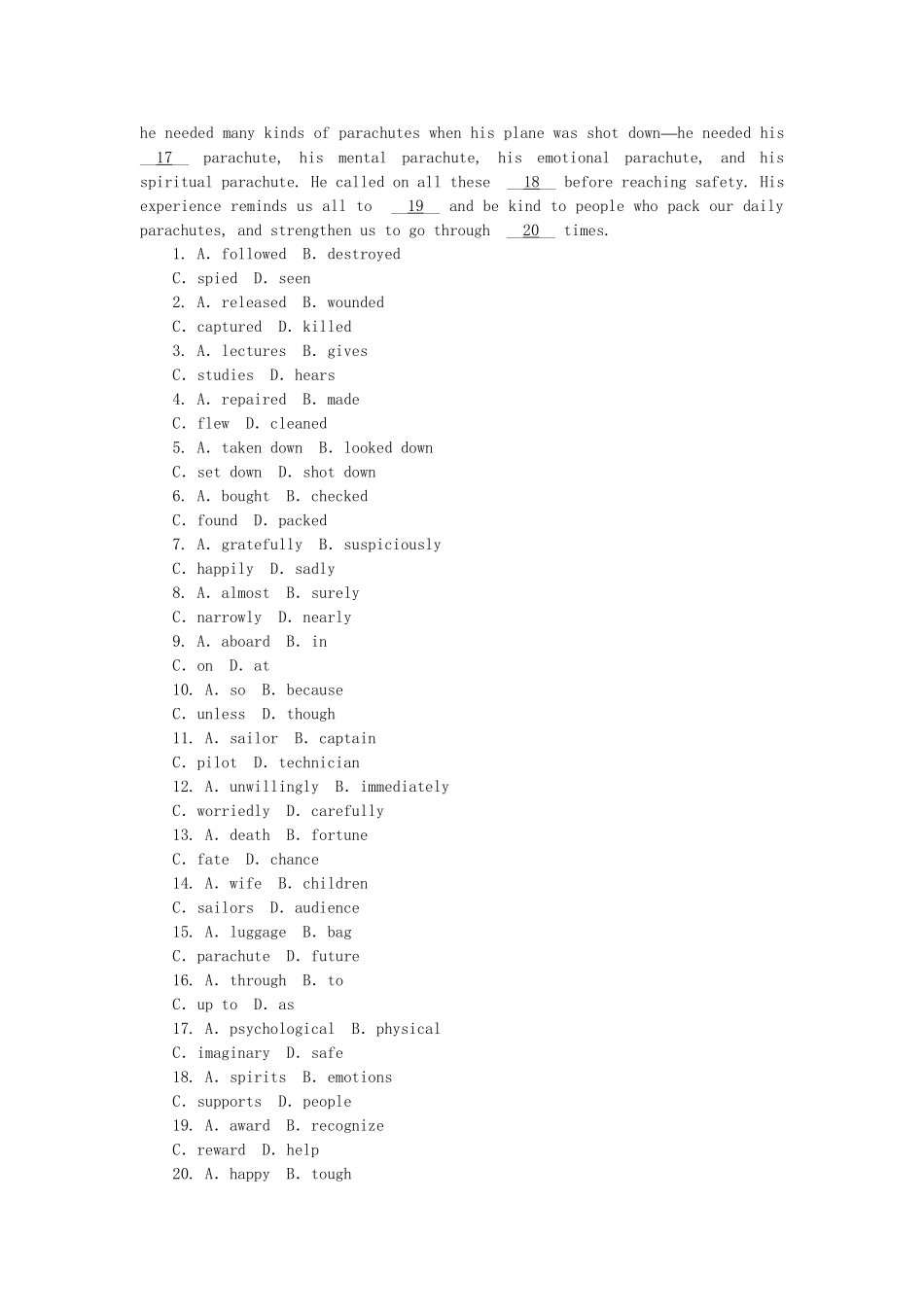 高考英语第二轮查漏补缺 （基础+提升）专题集训二十一 记叙文型完形填空（含解析）_第3页