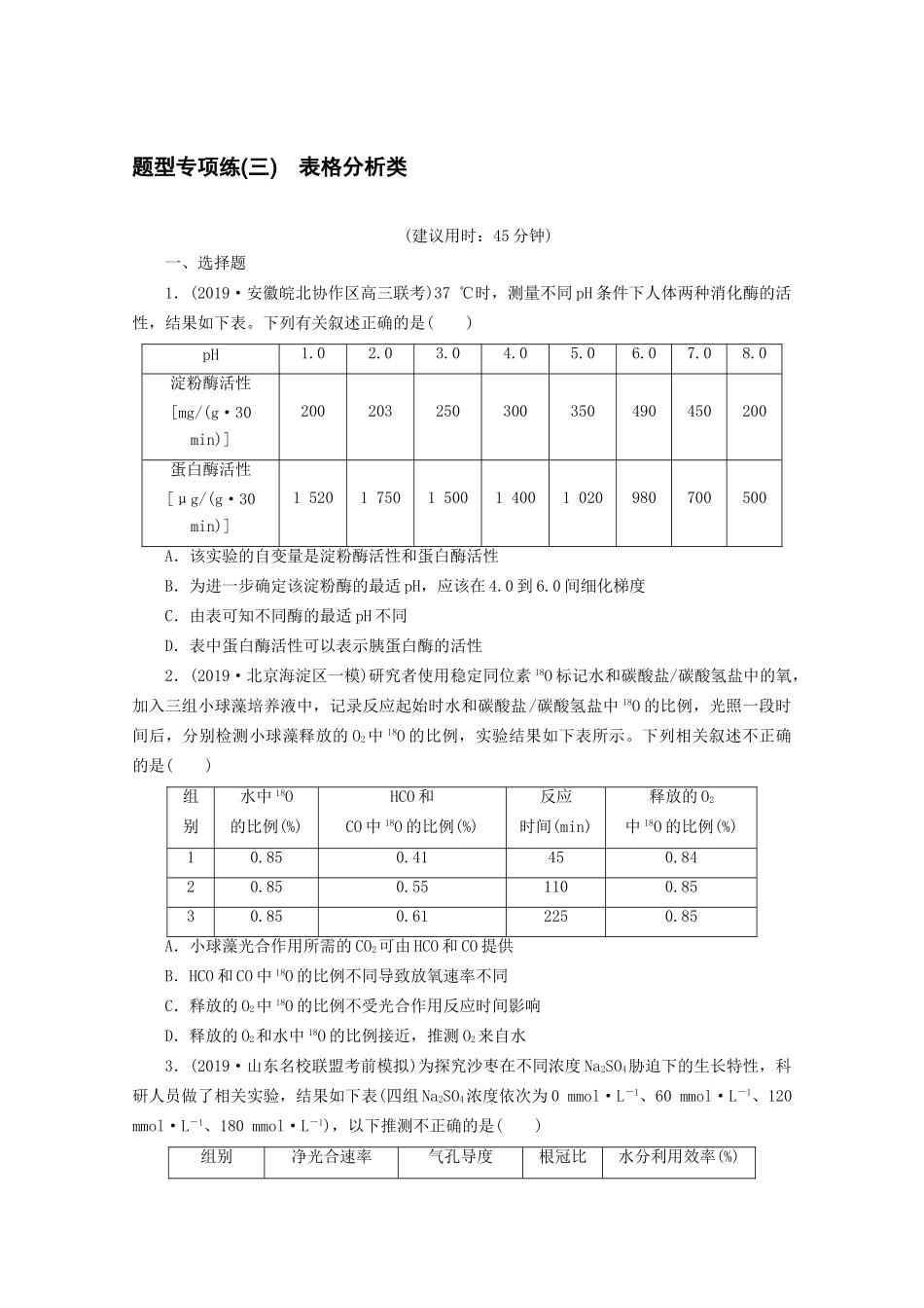 新高考生物三轮复习 题型专项练（三）表格分析类（含解析）试题_第1页
