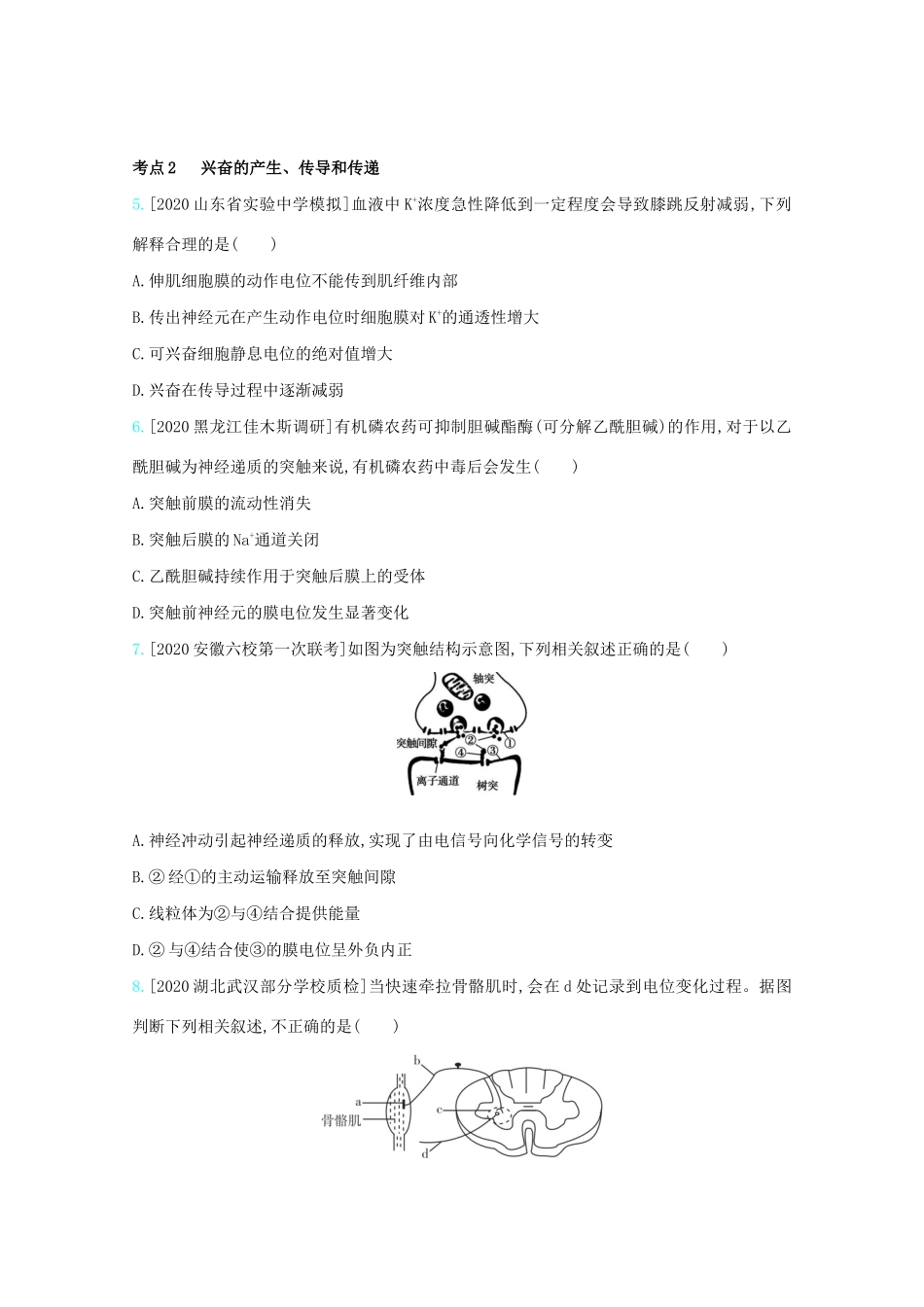 高考生物一轮复习 第七单元 生命活动的调节 专题十七 人和高等动物的神经调节精练（含解析）试题_第2页