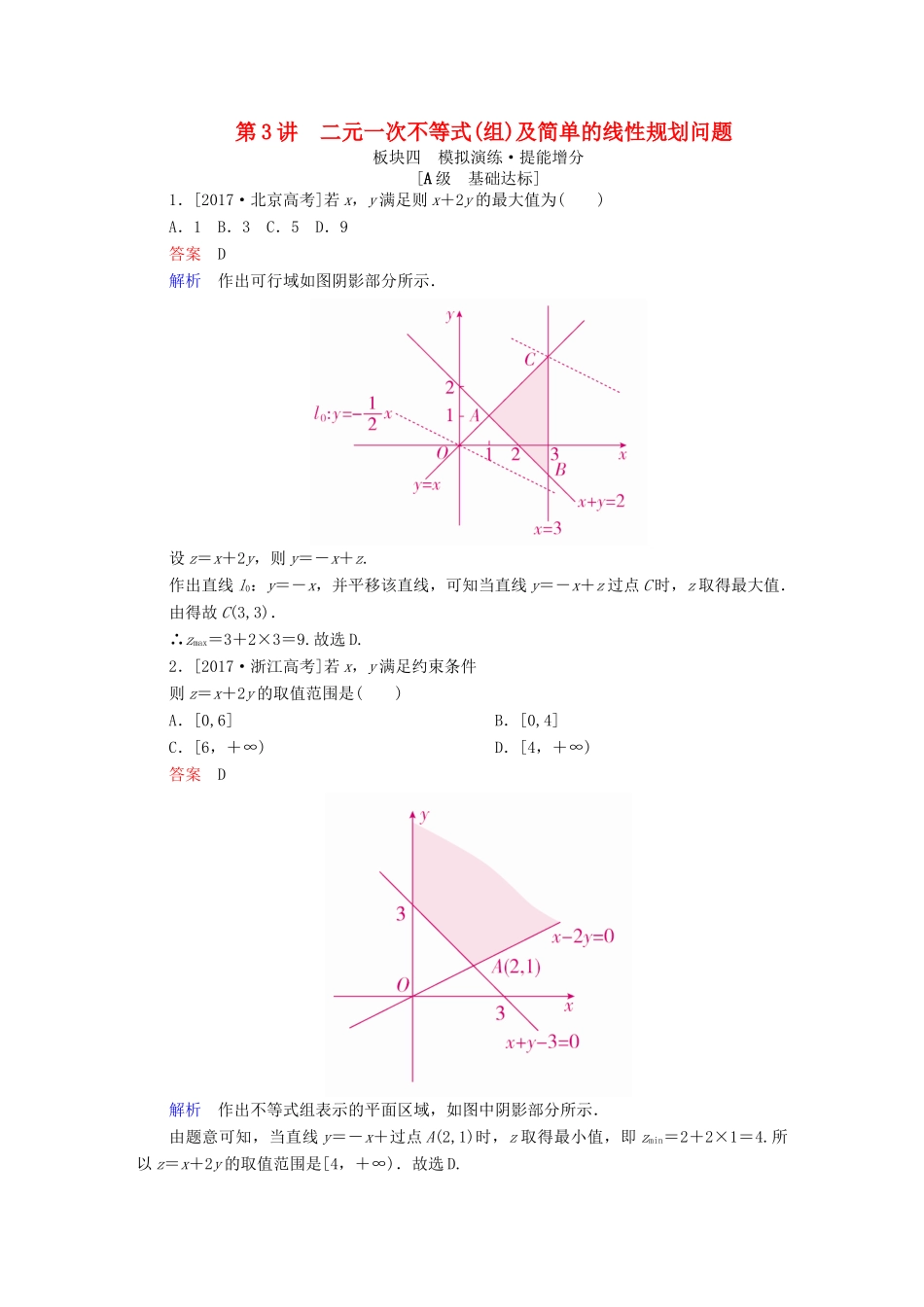 高考数学一轮复习 第6章 不等式 第3讲 二元一次不等式(组)及简单的线性规划问题增分练-人教版高三全册数学试题_第1页