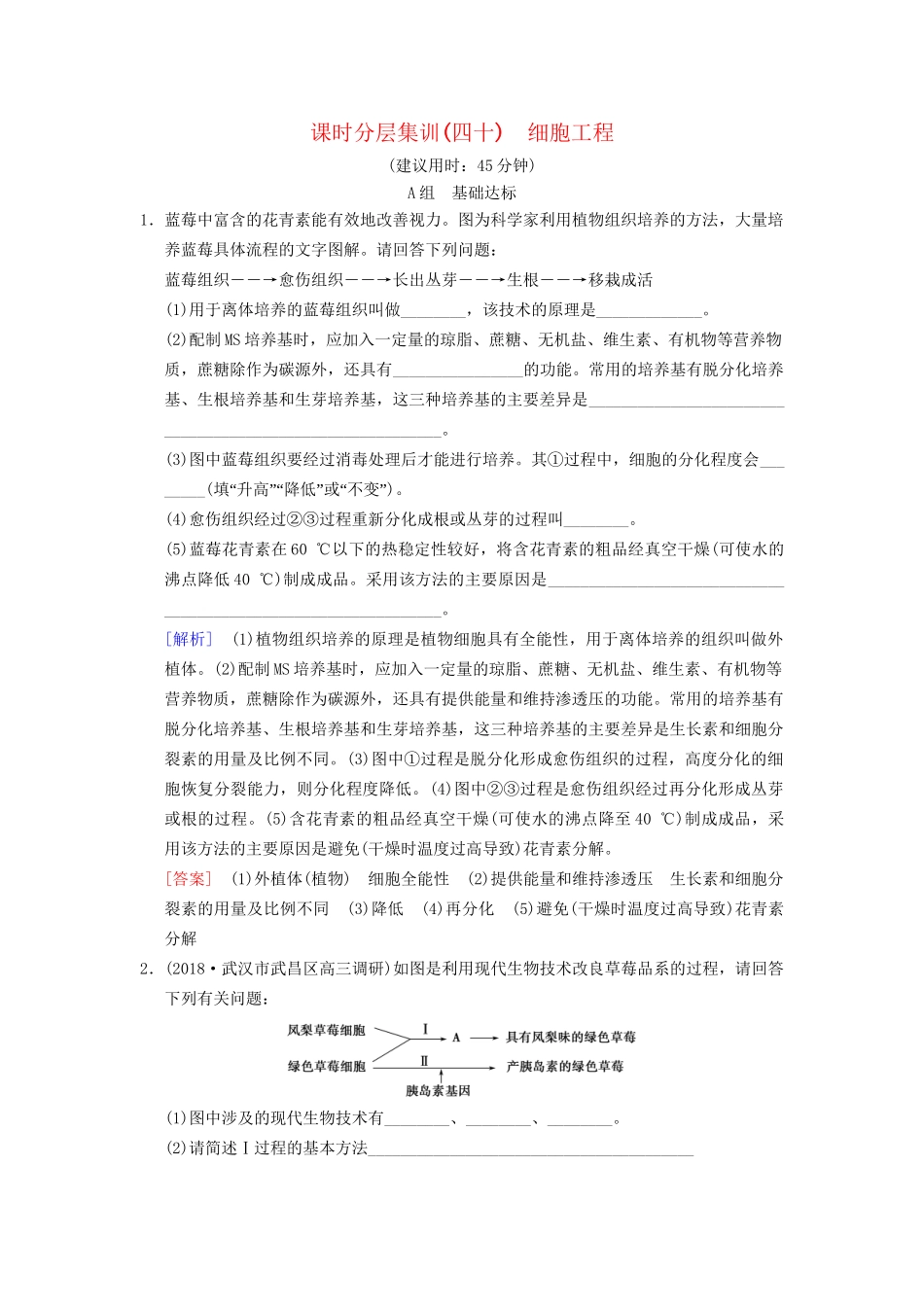 高考生物一轮复习 现代生物科技专题 课时分层集训40 细胞工程试题_第1页