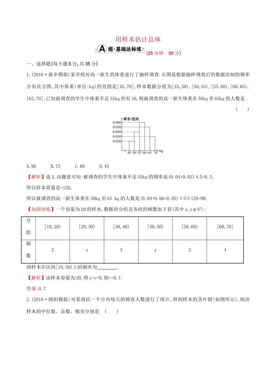 高考数学一轮复习 第九章 算法初步、统计、统计案例 9.3 用样本估计总体课时提升作业 理试题_第1页