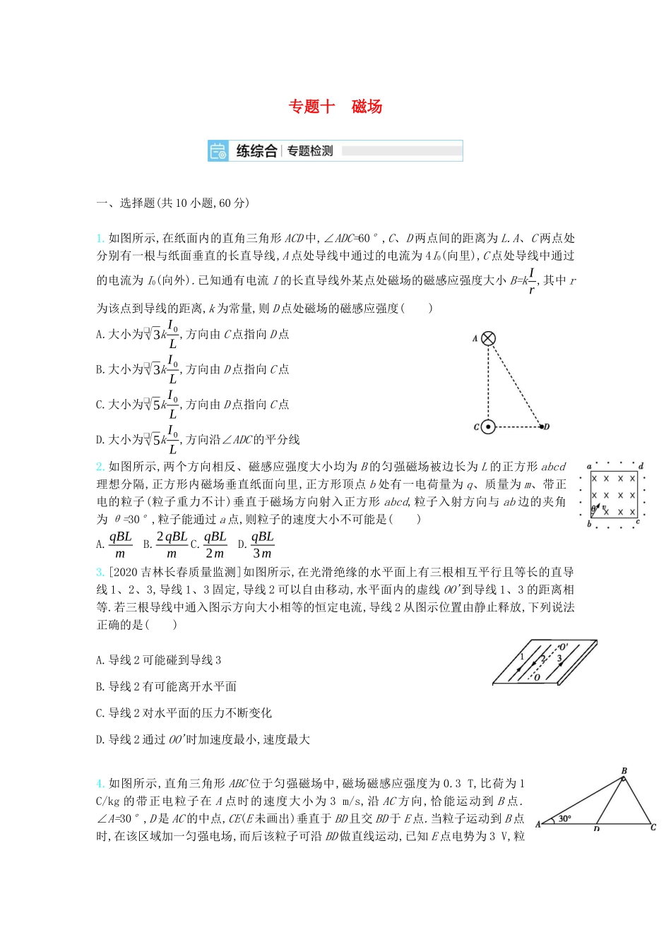高考物理一轮复习 专题十 磁场精练（含解析）试题_第1页