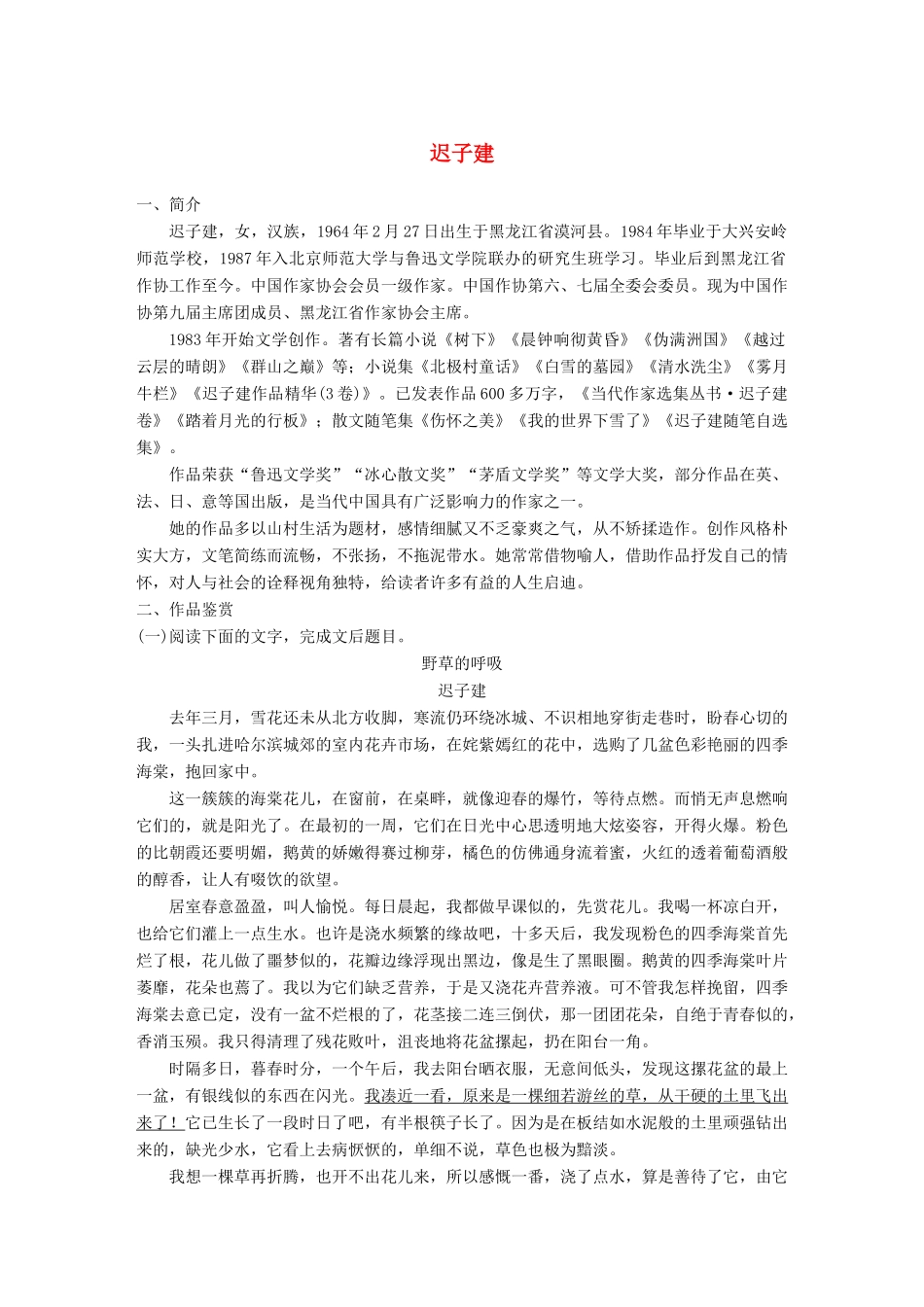 高考语文一轮复习 精选提分专练 第八练 中国当现代作家作品 第二章 迟子建试题_第1页