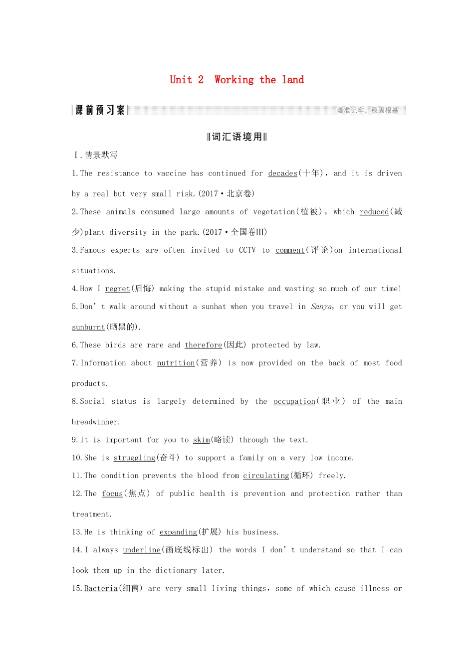 高考英语一轮复习 第一部分 Unit 2 Working the land 试题_第1页