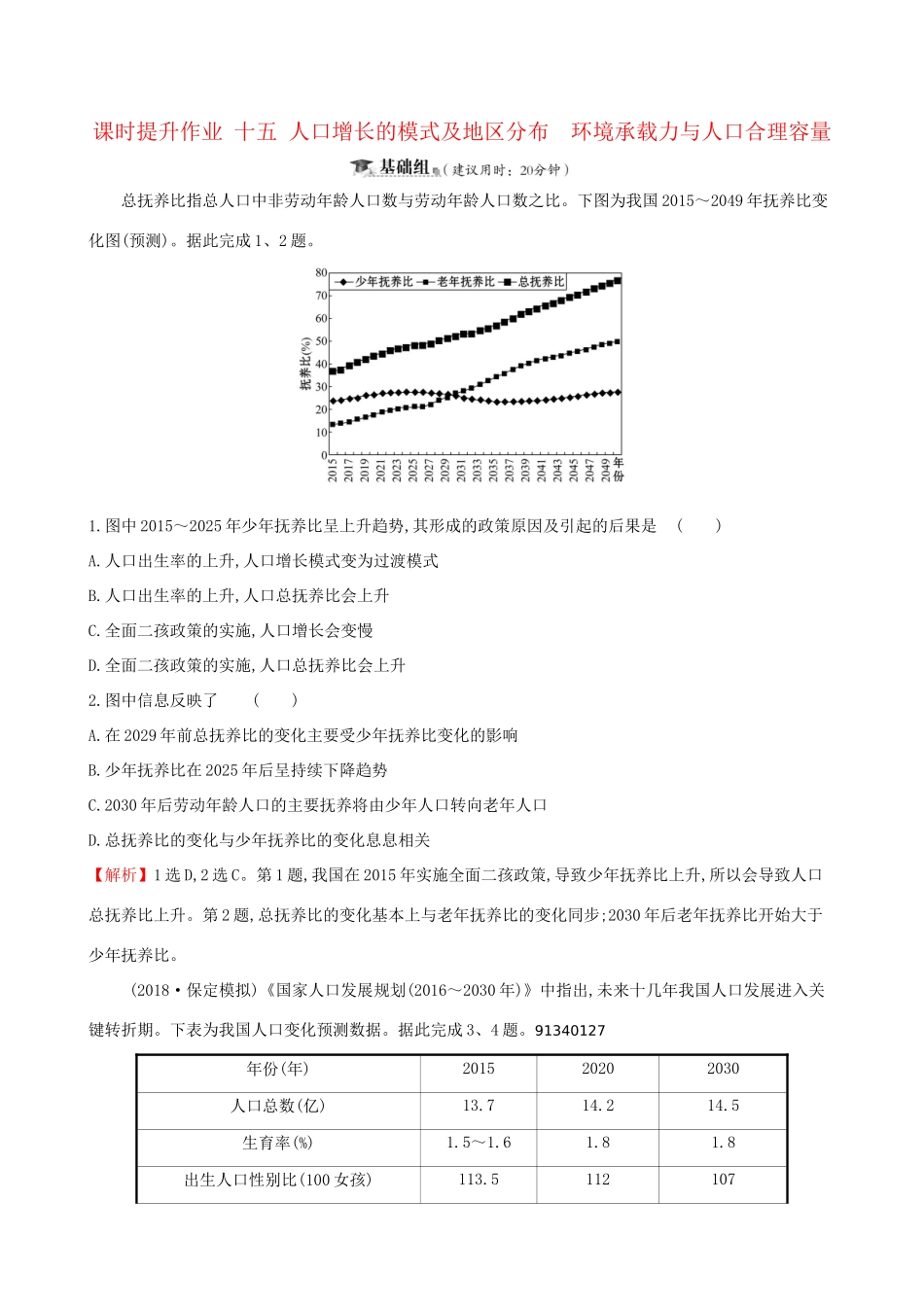 高考地理一轮复习 第五章 人口的增长、迁移与合理容量 课时提升作业十五 5.1 人口增长的模式及地区分布 环境承载力与人口合理容量-人教版高三地理试题_第1页