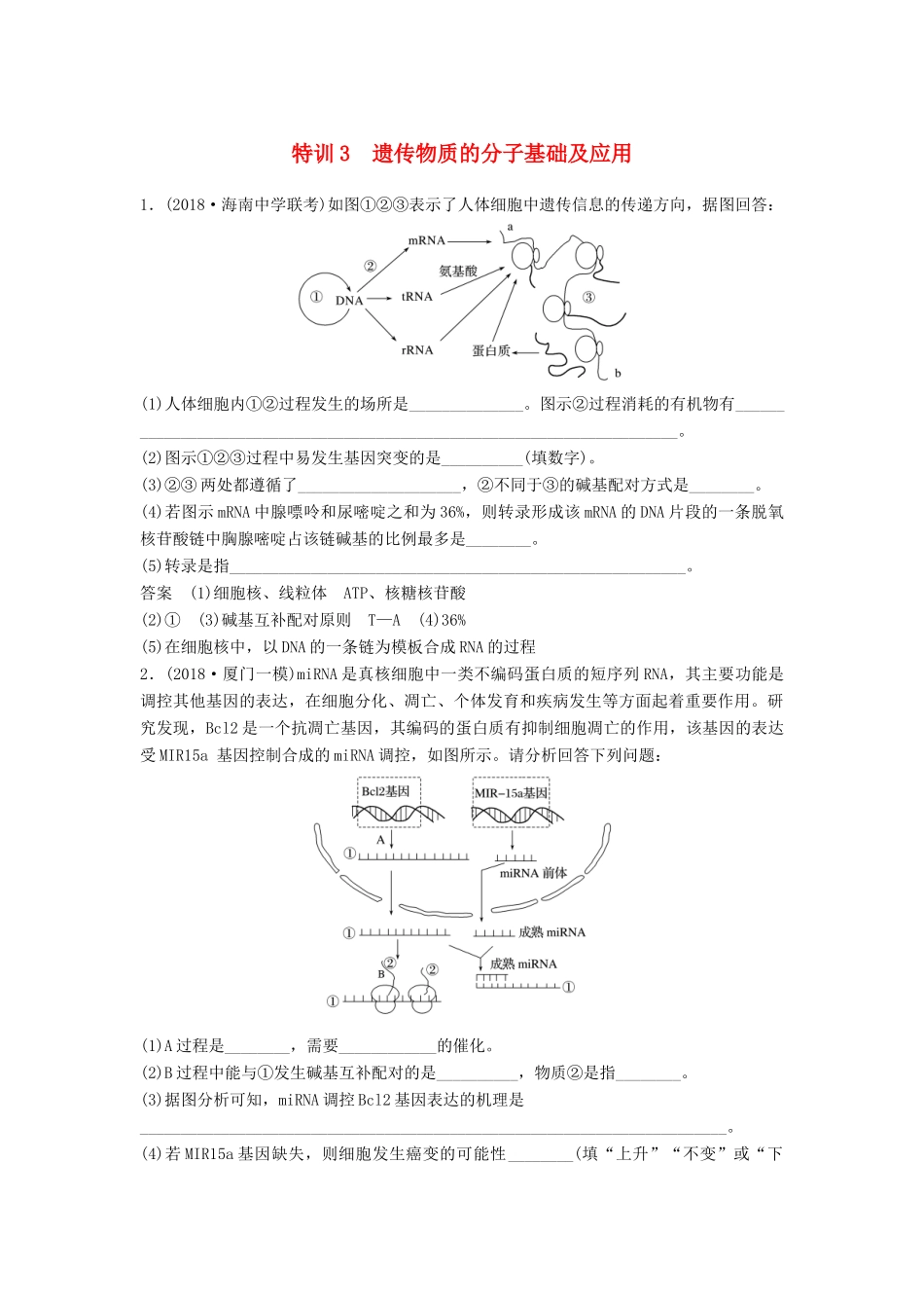 高考生物二轮复习 优编增分练：非选择题特训3 遗传物质的分子基础及应用试题_第1页