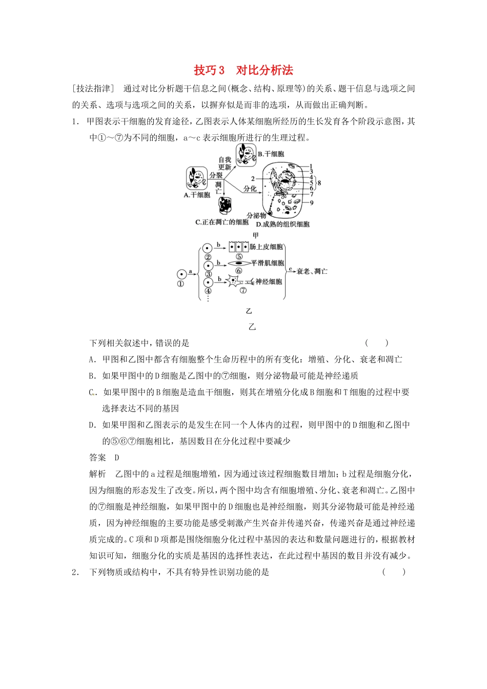 高考生物大二轮专题复习与增分策略考前增分特训 快速解答选择题的5种妙法 对比分析法_第1页