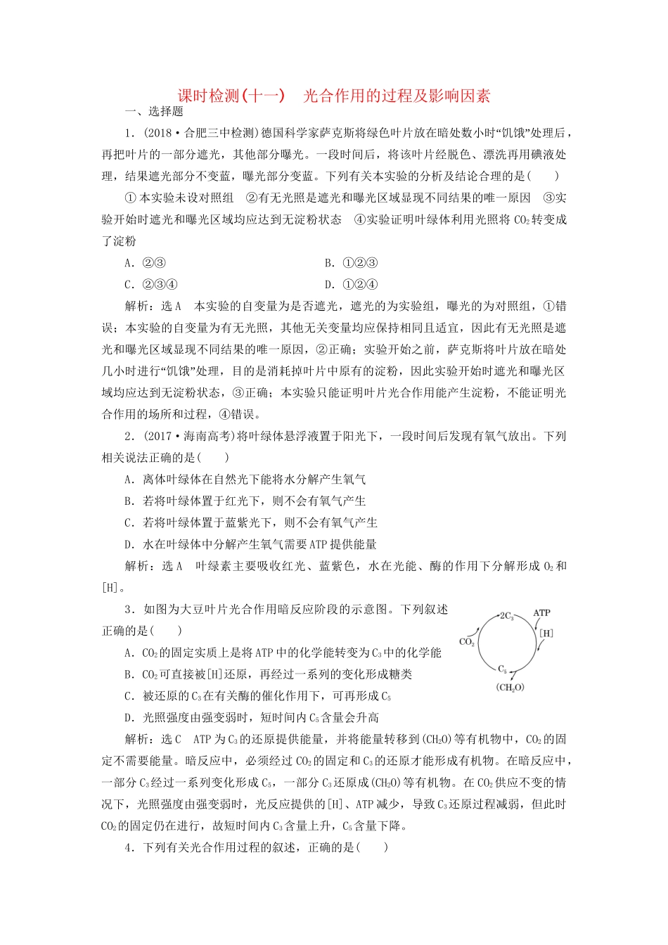 高考生物一轮复习 第1部分 分子与细胞 第三单元 细胞的能量供应和利用 课时检测（十一）光合作用的过程及影响因素试题_第1页