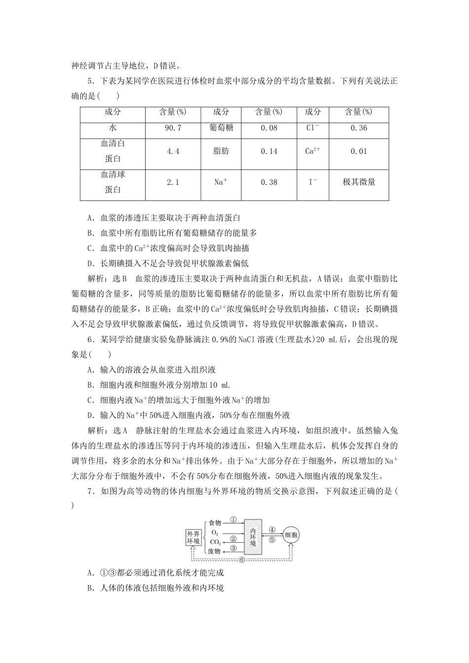 高考生物一轮复习 第3部分 稳态与环境 第一单元 动物和人体生命活动的调节 课时检测（二十七）人体的内环境与稳态试题_第2页