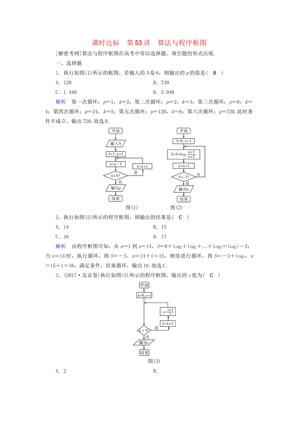 高考数学大一轮复习 第十章 算法初步、统计、统计案例 课时达标53 算法与程序框图试题_第1页