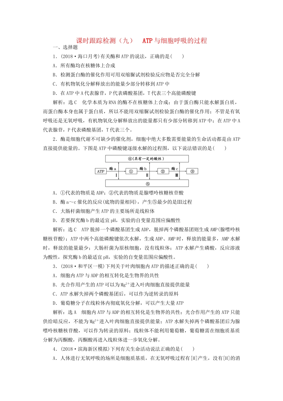 高考生物一轮复习 第一部分 分子与细胞 第三单元 细胞的能量供应和利用 课时跟踪检测（九）ATP与细胞呼吸的过程试题_第1页