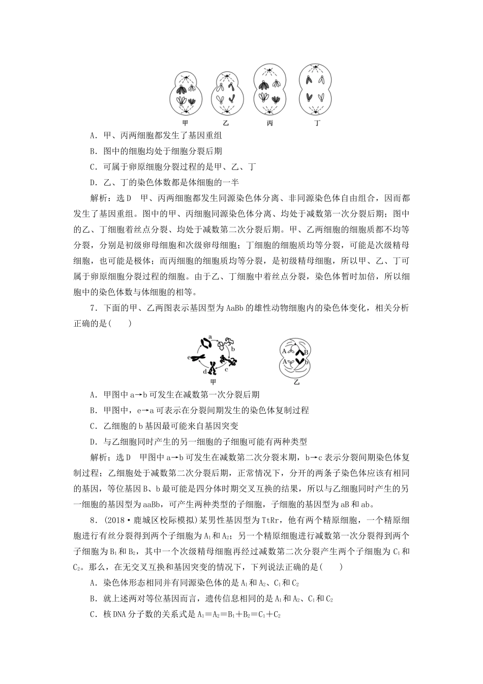 高考生物一轮复习 第一部分 分子与细胞 第四单元 细胞的生命历程 课时跟踪检测（十四）减数分裂和受精作用试题_第3页