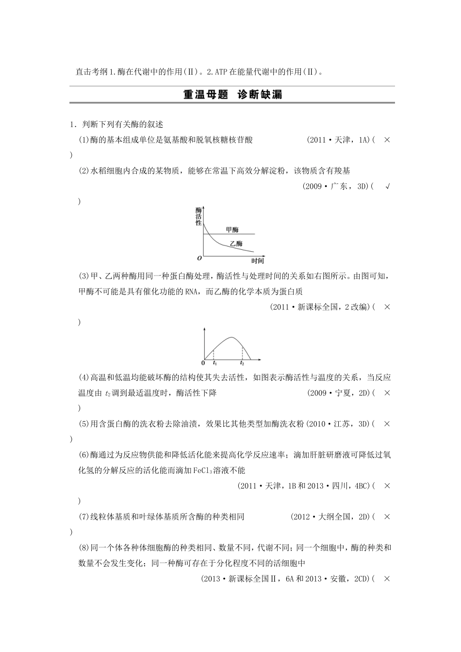 高考生物二轮专题总结强化篇酶和ATP试题_第1页