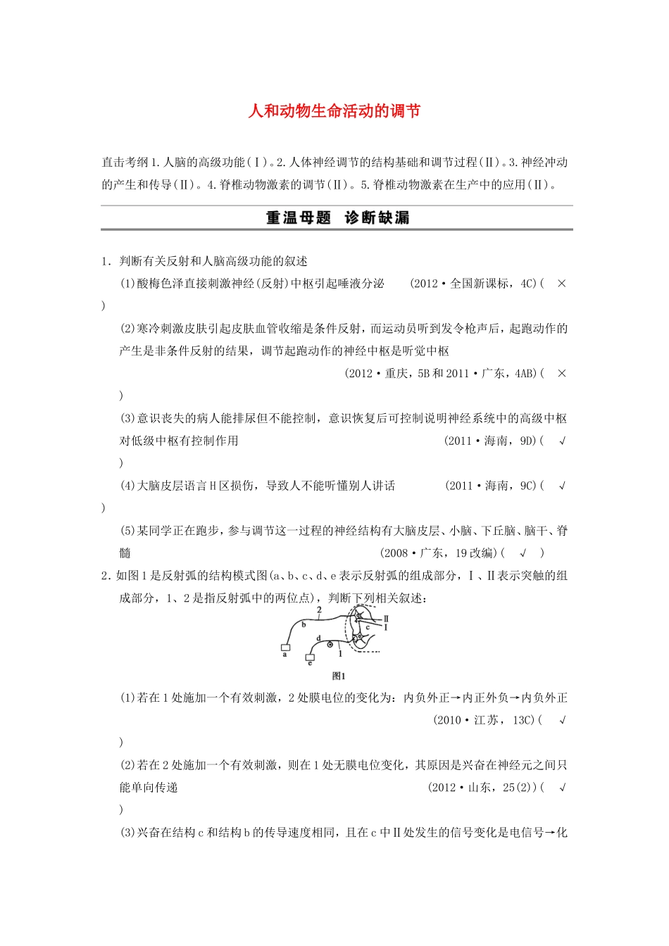 高考生物二轮专题总结强化篇人和动物生命活动的调节试题_第1页