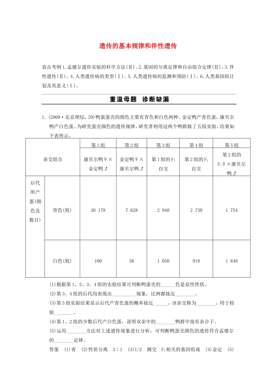 高考生物二轮专题总结强化篇遗传的基本规律和伴性遗传试题_第1页