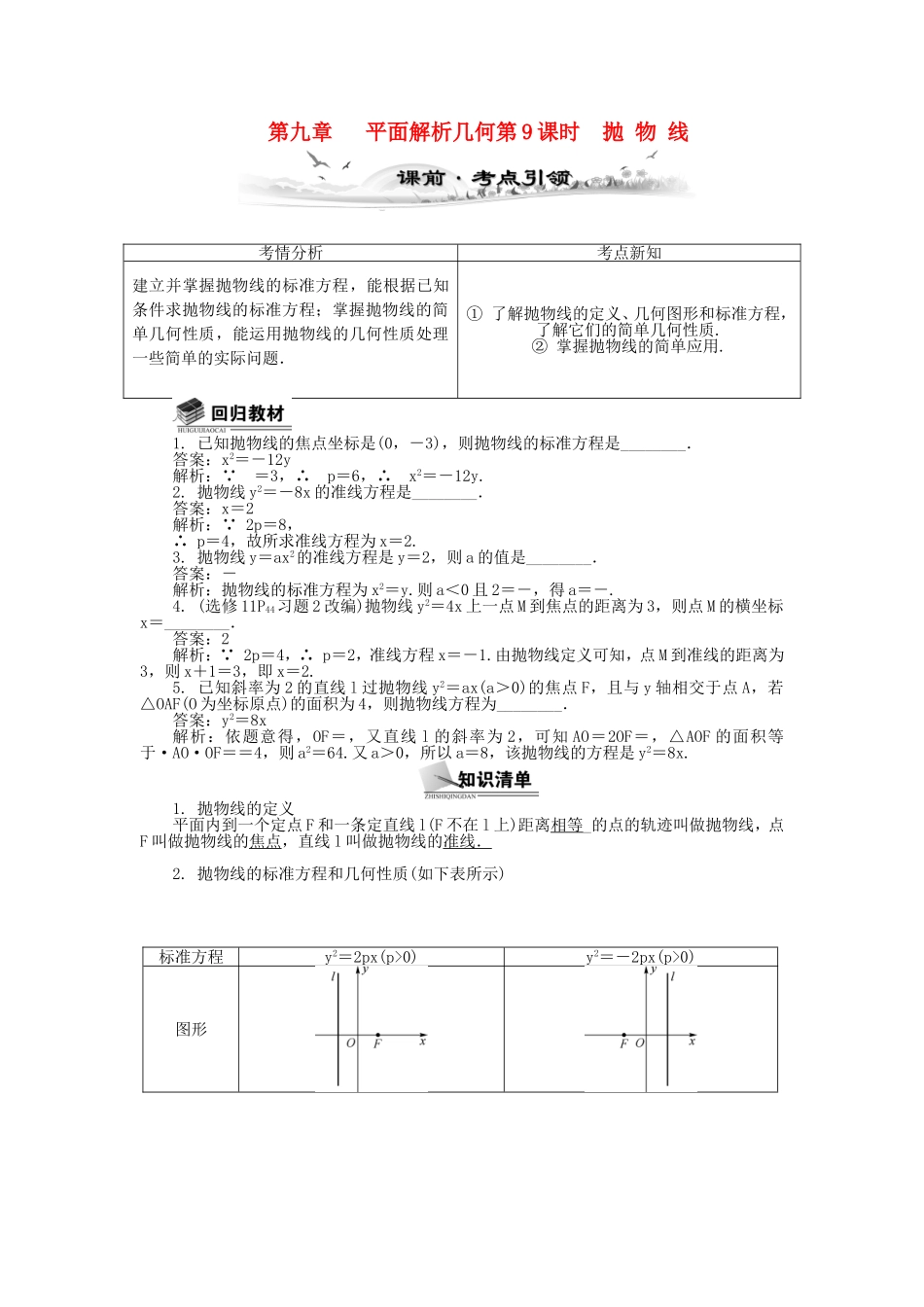 高考数学总复习第九章 平面解析几何第9课时 抛 物 线_第1页