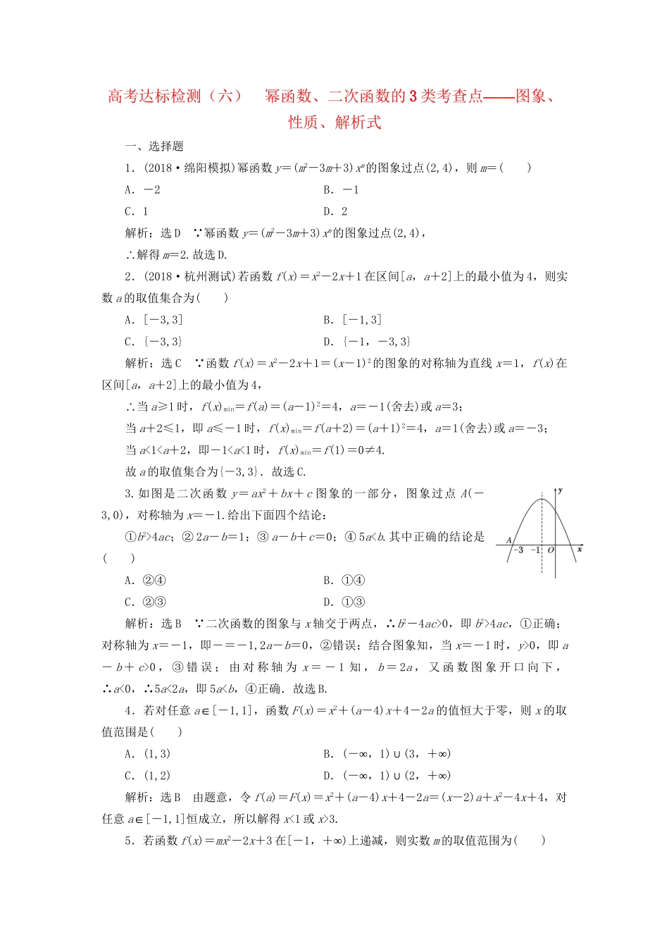 高考数学一轮复习 高考达标检测（六）幂函数、二次函数的3类考查点——图象、性质、解析式 文试题_第1页