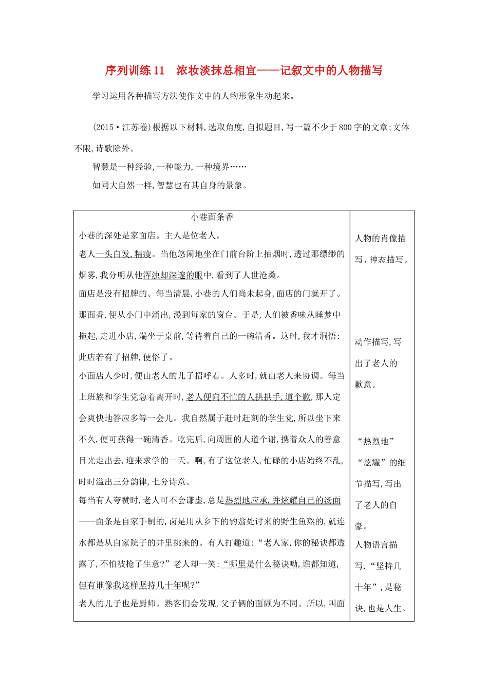 高考语文大一轮复习 序列写作 第三章 记叙文序列训练 11 浓妆淡抹总相宜-记叙文中的人物描写试题_第1页